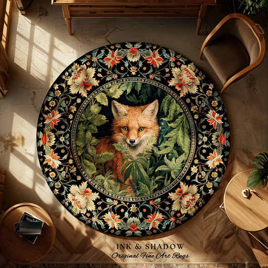 Dark Botanical Round Fox Rug Vintage Forest Aesthetic | Cottagecore Woodland Gothic Fox Art Decor Boho Fairycore Nature Lovers Floral Whimsy