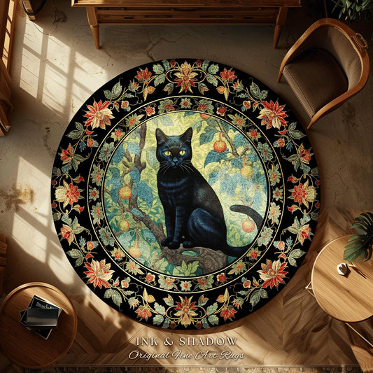 May include: Round black rug featuring a black cat perched on a tree branch with fruit. The cat has yellow eyes and is surrounded by a floral border with red, orange, and green accents. The rug has the text "INK & SHADOW Original Fine Art Rugs".