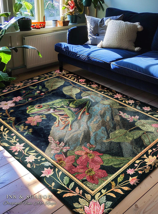 Ethereal Woodland Frog Rug | Floral Cottagecore Aesthetic Living Room Home Decor Frog Lover Gift Goblincore Floor Mat Whimsical Toad |