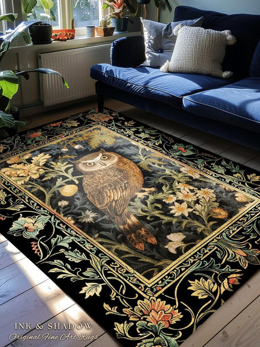 Forest Cottagecore Owl Round Floral Rug Vintage Aesthetic Fairycore Book Nook Bird Decor | Whimsical Woodland Eclectic Owl Botanical Art Rug