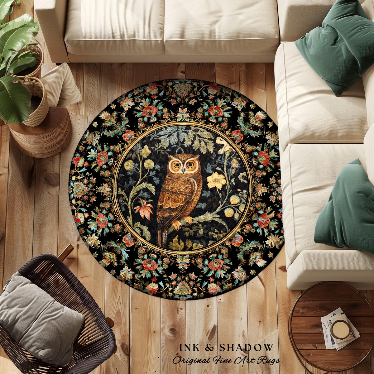 Whimsical Book Nook Owl Rug | Woodland Room Decor William Morris Inspired Forest Aesthetic Fairycore Boho Bedroom Rug Floral Owl Decoration