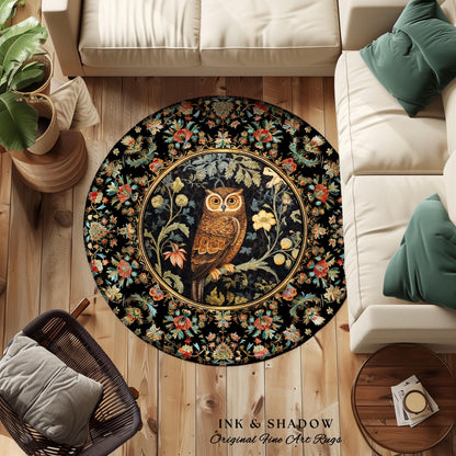 Whimsical Book Nook Owl Rug | Woodland Room Decor William Morris Inspired Forest Aesthetic Fairycore Boho Bedroom Rug Floral Owl Decoration