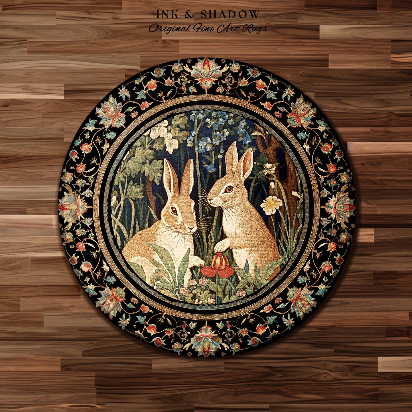 Bunnies in the Woodland Rug | Spring Bunnies Room Decor William Morris Inspired Forest Aesthetic Fairycore Bedroom Floral Bunny Victorian