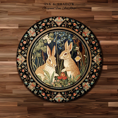 Bunnies in the Woodland Rug | Spring Bunnies Room Decor William Morris Inspired Forest Aesthetic Fairycore Bedroom Floral Bunny Victorian
