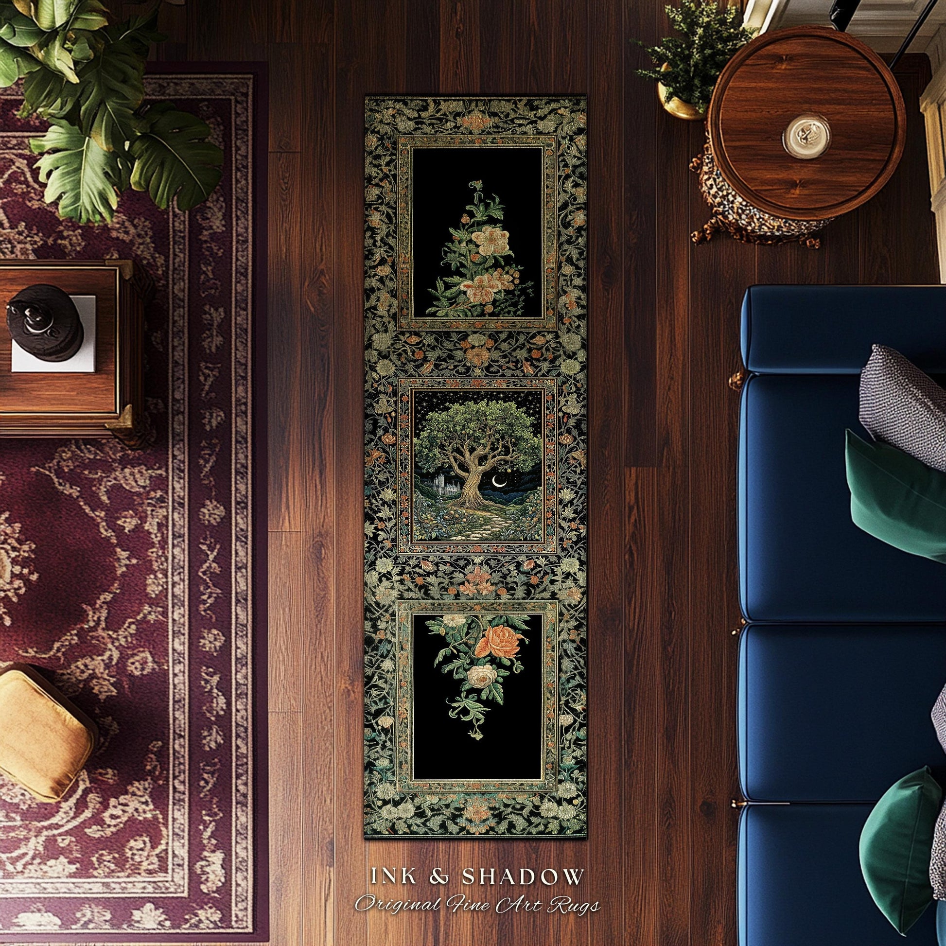 Fairytale Castle Tree of Life Area Rug | Celestial Forest Landscape Starry Sky Decor Witchy Home Aesthetic Mystical Cottagecore Accent Boho