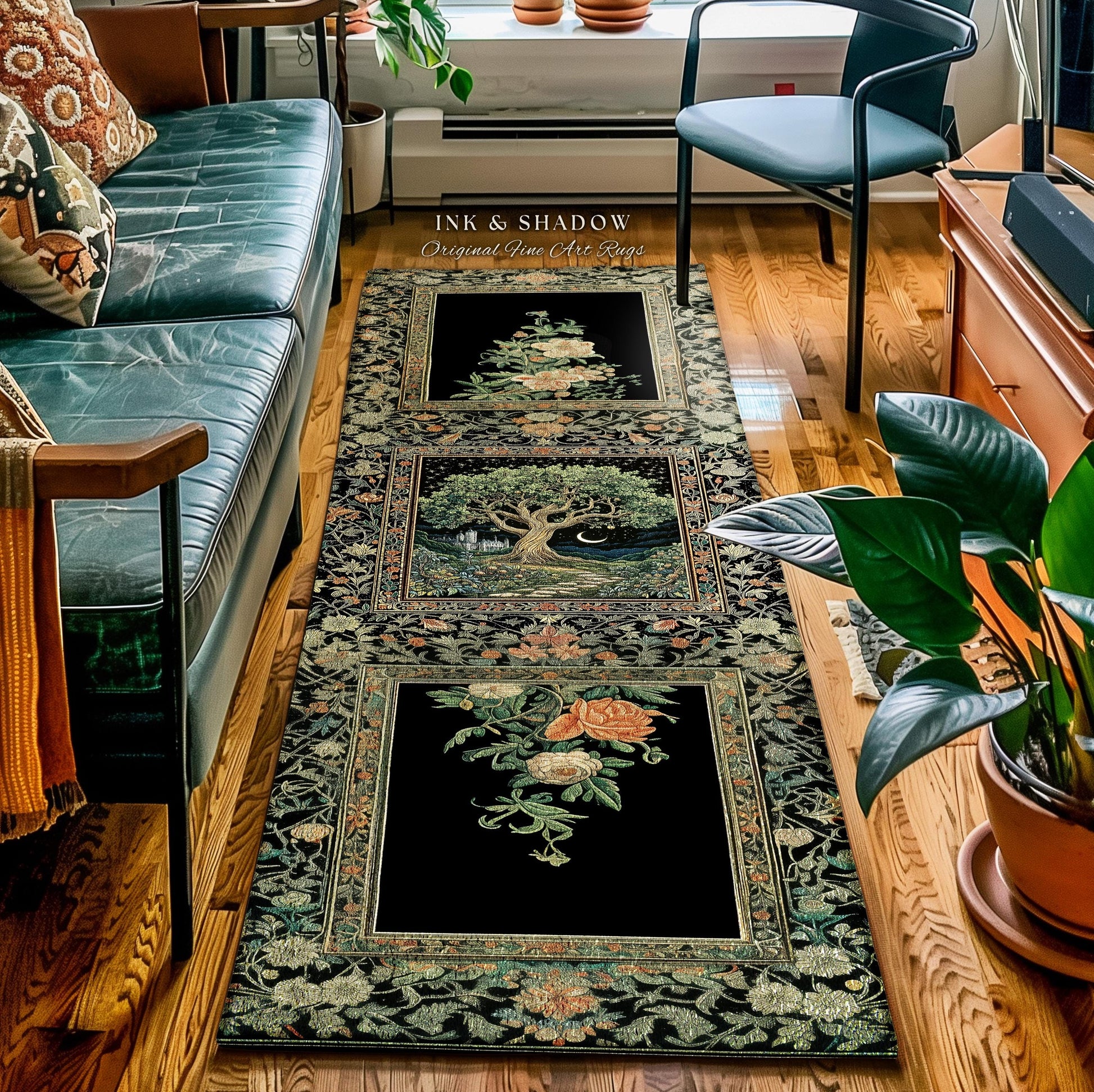 Fairytale Castle Tree of Life Area Rug | Celestial Forest Landscape Starry Sky Decor Witchy Home Aesthetic Mystical Cottagecore Accent Boho