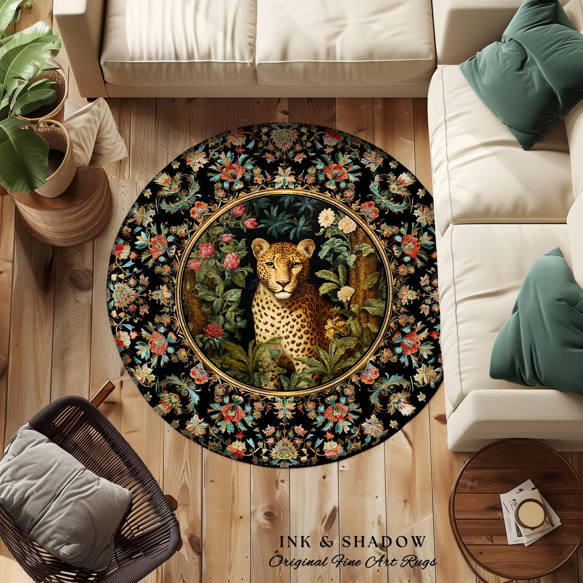 Jungle Aesthetic Area Rug | Nature Inspired Room Decor William Morris Style Aesthetic Fairycore Boho Bedroom Rug Ethereal Leopard Rug Floral