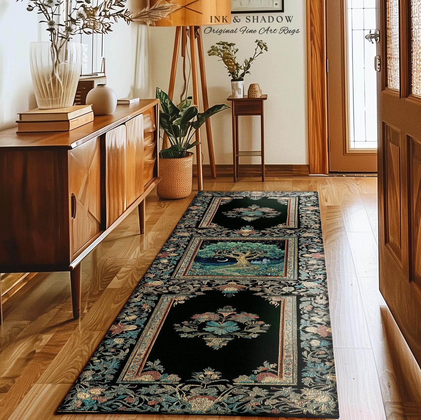Fantasy Castle Tree of Life Area Rug | Celestial Moon Decor Star Garden Design Folklore Inspired Rug Enchanted Forest Medieval Home Style