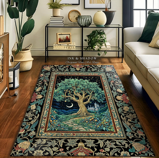 May include: A rectangular area rug with a detailed tree of life design. The rug features a central image of a large tree with a crescent moon and a castle in the background, surrounded by a floral border. The text "INK & SHADOW Original Fine Art Rugs" is visible.