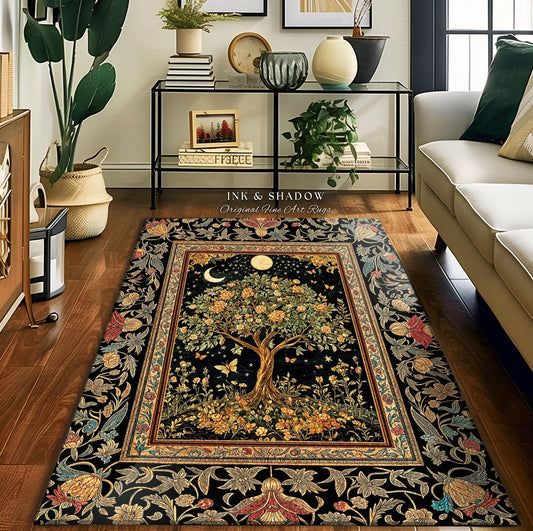 May include: A rectangular black rug with a central tree design, surrounded by a floral border. The tree features yellow and orange flowers, with a crescent moon and butterflies. The rug has the text "INK & SHADOW Original Fine Art Rugs".