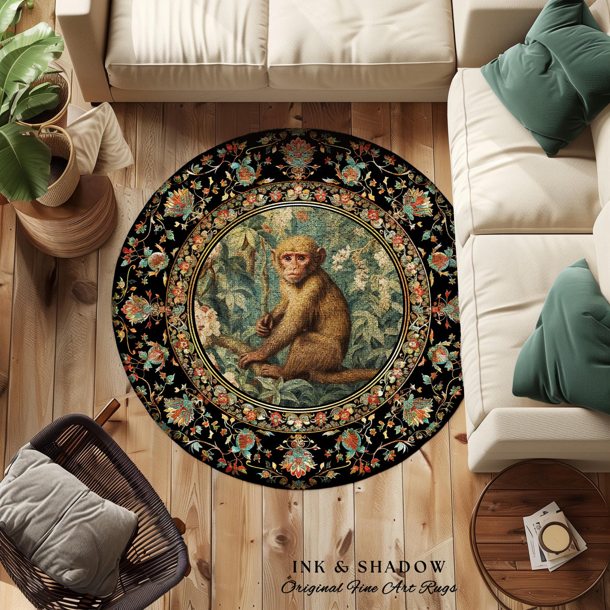 Boho Gothic Monkey Botanical Rug Room Decor Goth Cottagecore Aesthetic | Dark Forest Fairycore Grunge Room Decor Animals Round Bohemian Rug