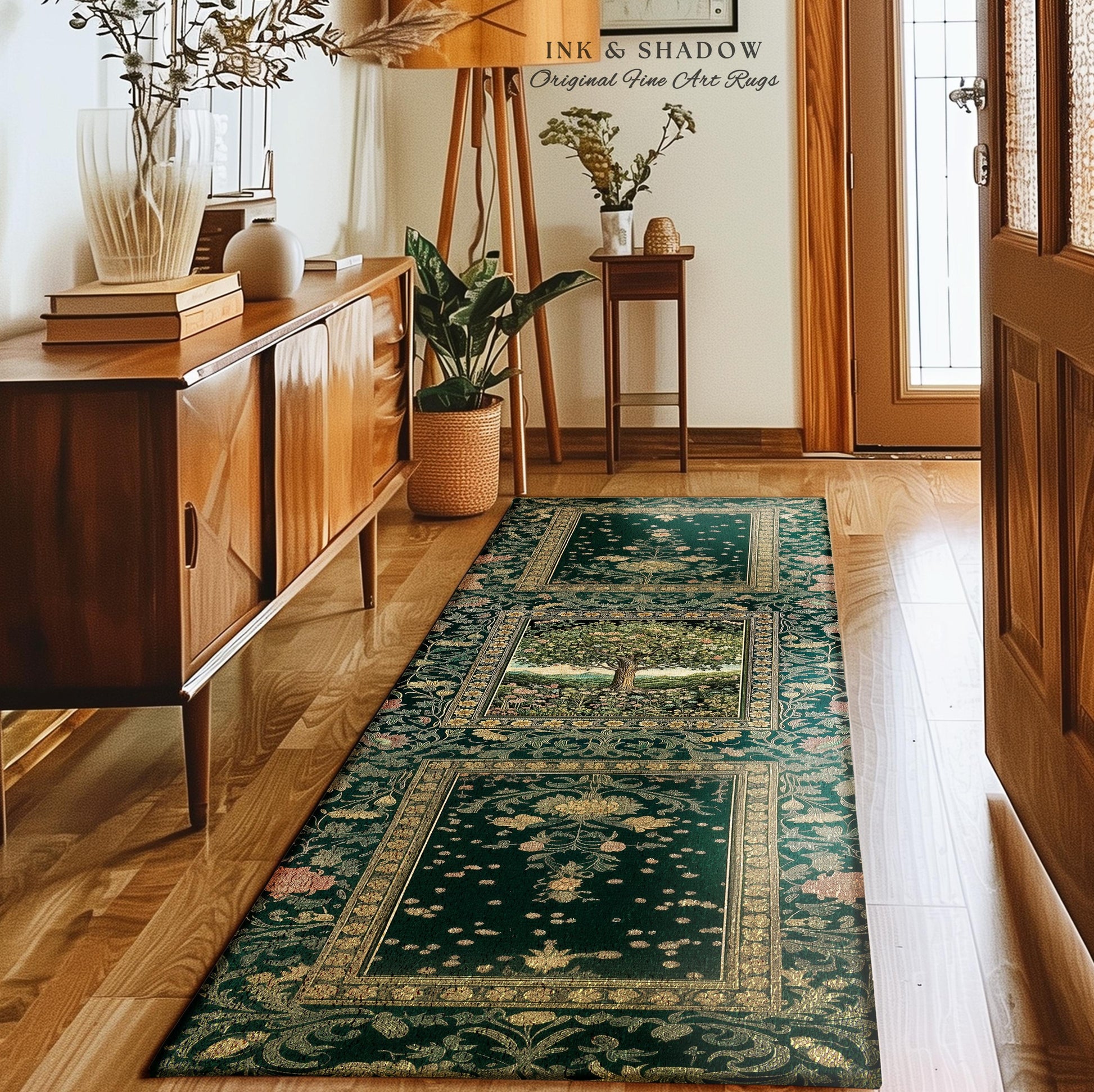 Pastoral Wildflower Garden Tree Area Rug | Floral Mountain Decor Romantic Landscape Home Accent Botanical Nature Rug Romantic Cottagecore |
