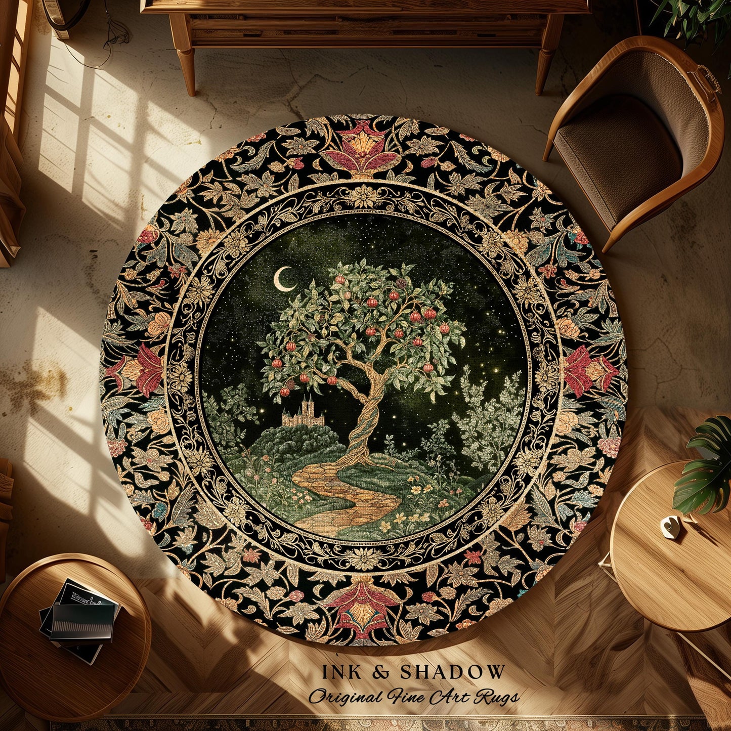 Moonlit Magic Whimsical Tree Area Rug | Celestial Forest Midnight Aesthetic Folklore Fairy Tale Decor Medieval Style Home Accent Celestial