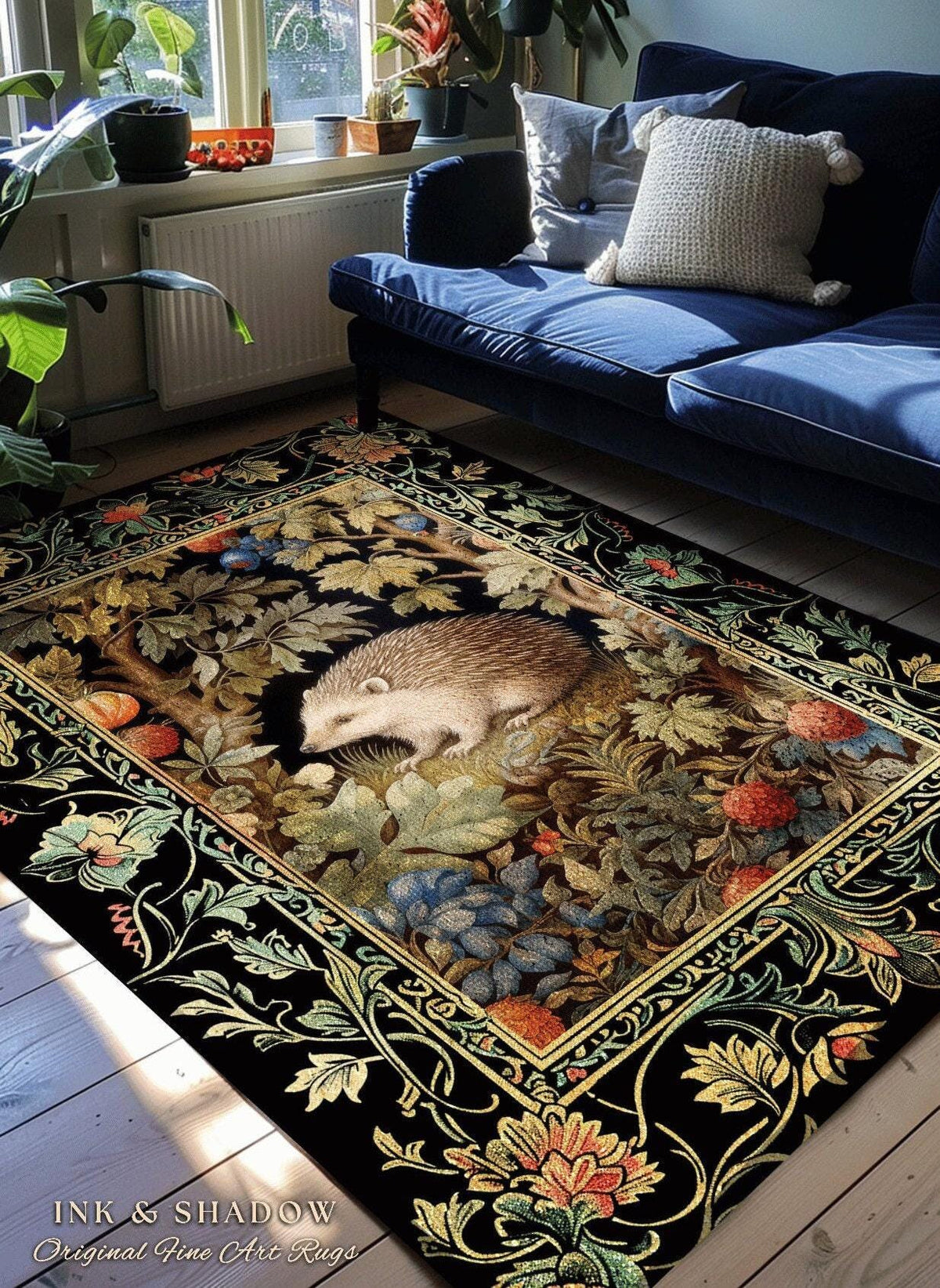 Hedge Hog Lover Botanical Rug | Forestcore Decor Cottagecore Reading Corner Accent Rug Dark Fairycore Room Mystical Woodland Hedgehog Gift |