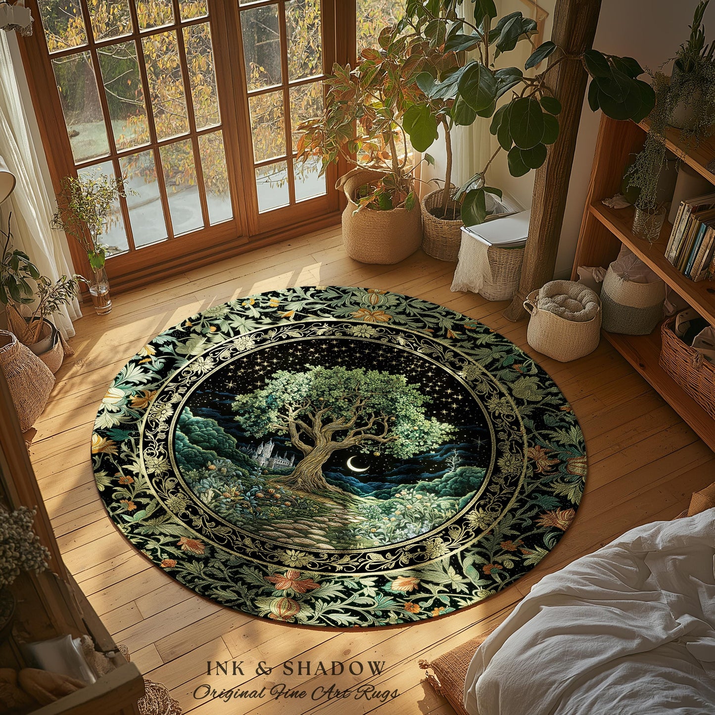 Fairytale Castle Tree of Life Area Rug | Celestial Forest Landscape Starry Sky Decor Witchy Home Aesthetic Mystical Cottagecore Accent Boho
