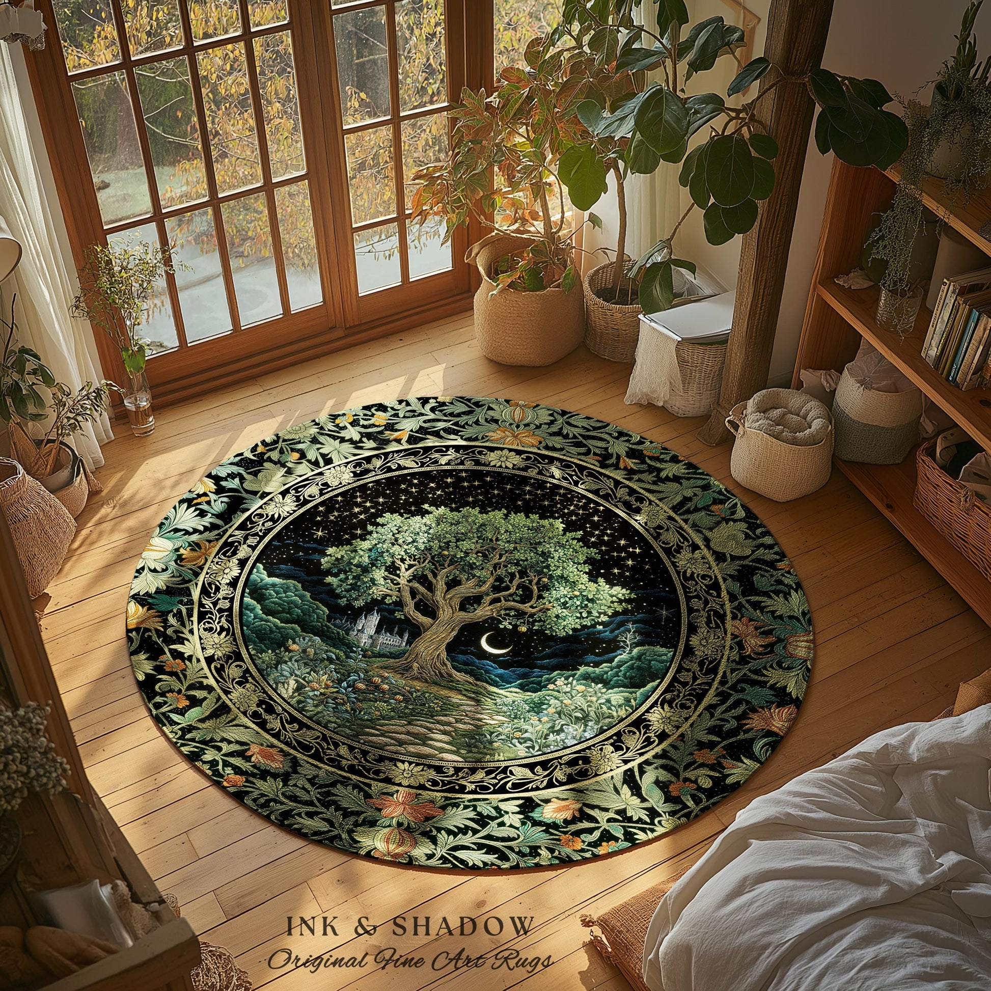 Fairytale Castle Tree of Life Area Rug | Celestial Forest Landscape Starry Sky Decor Witchy Home Aesthetic Mystical Cottagecore Accent Boho