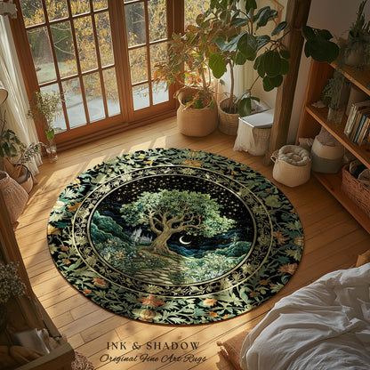 Fairytale Castle Tree of Life Area Rug | Celestial Forest Landscape Starry Sky Decor Witchy Home Aesthetic Mystical Cottagecore Accent Boho