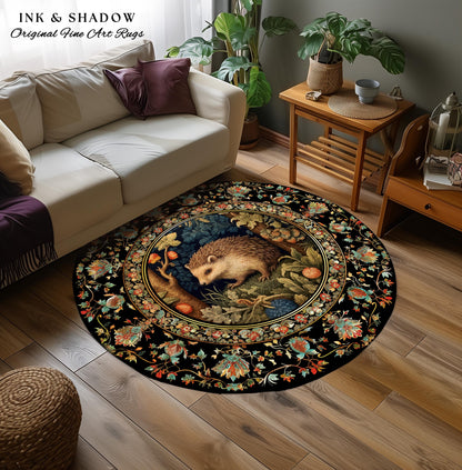 Hedge Hog Lover Botanical Rug | Forestcore Decor Cottagecore Reading Corner Accent Rug Dark Fairycore Room Mystical Woodland Hedgehog Gift |
