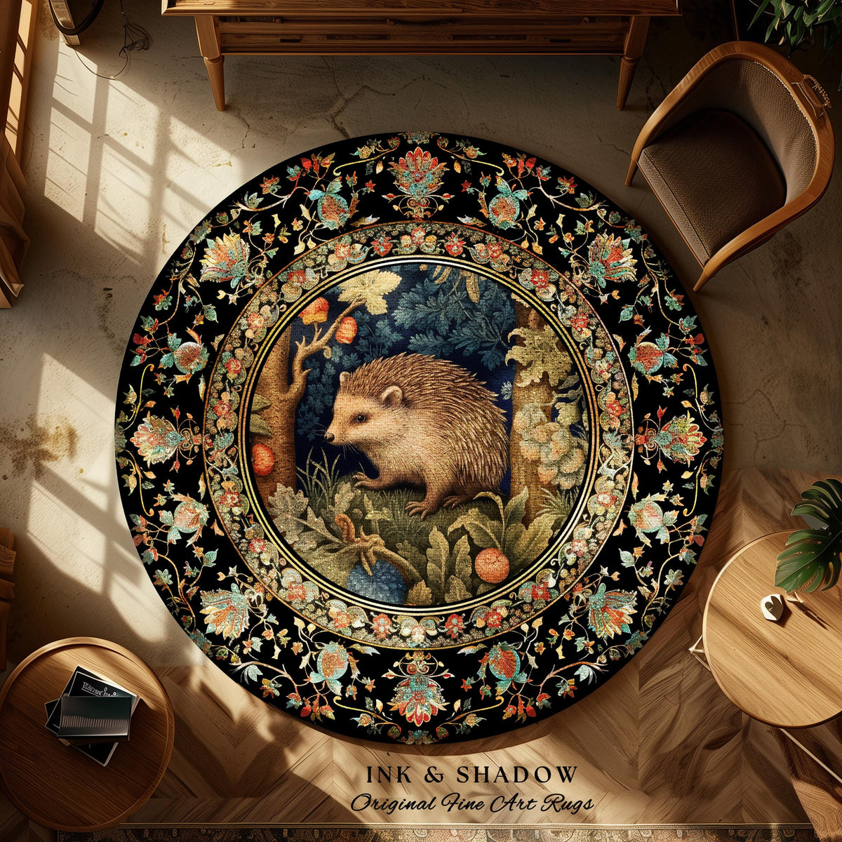 Hedge Hog Lover Botanical Rug | Forestcore Decor Cottagecore Reading Corner Accent Rug Dark Fairycore Room Mystical Woodland Hedgehog Gift |