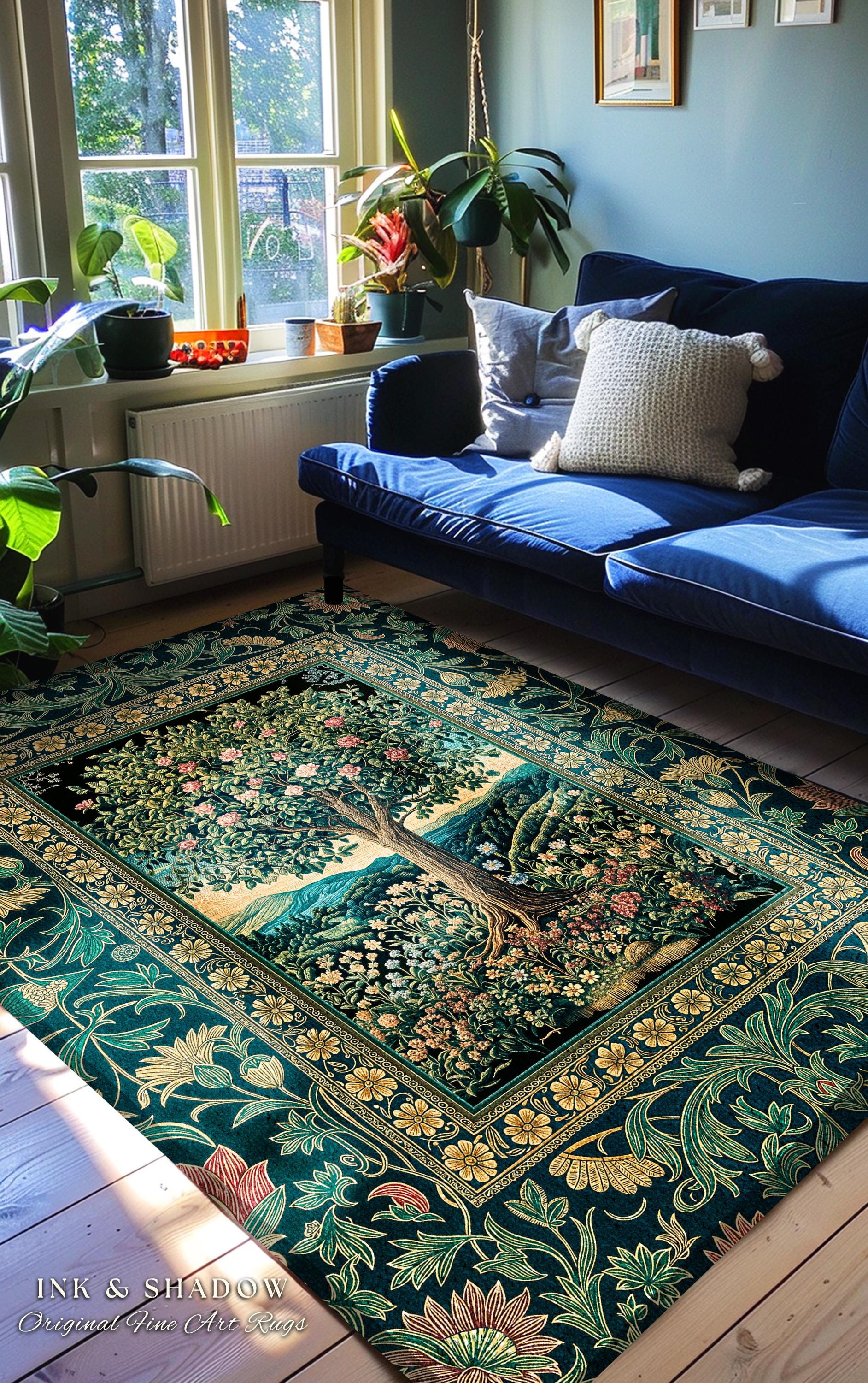 Countryside Sunset Tree of Life Rug | Elegant Floral Landscape Wildflower Decor Nature Inspired Cottagecore Home Accent Rug Storybook Vibe |