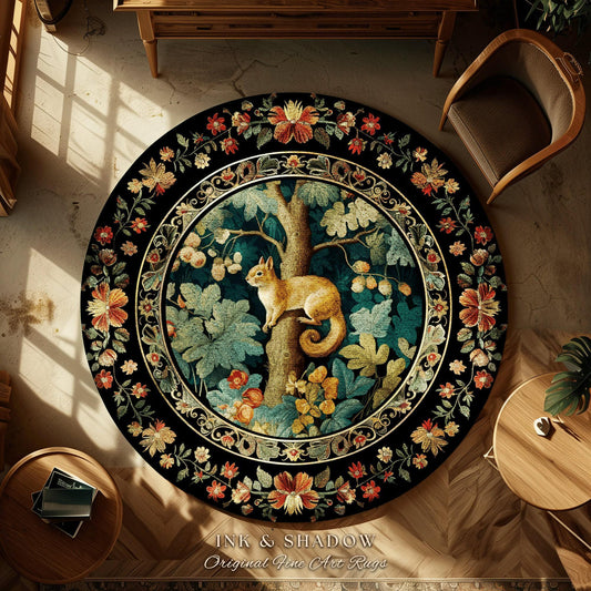 May include: Round area rug with a detailed floral border and a central image of a squirrel in a tree. The rug features a black background with colorful flowers and foliage. The text "INK & SHADOW Original Fine Art Rugs" is at the bottom.