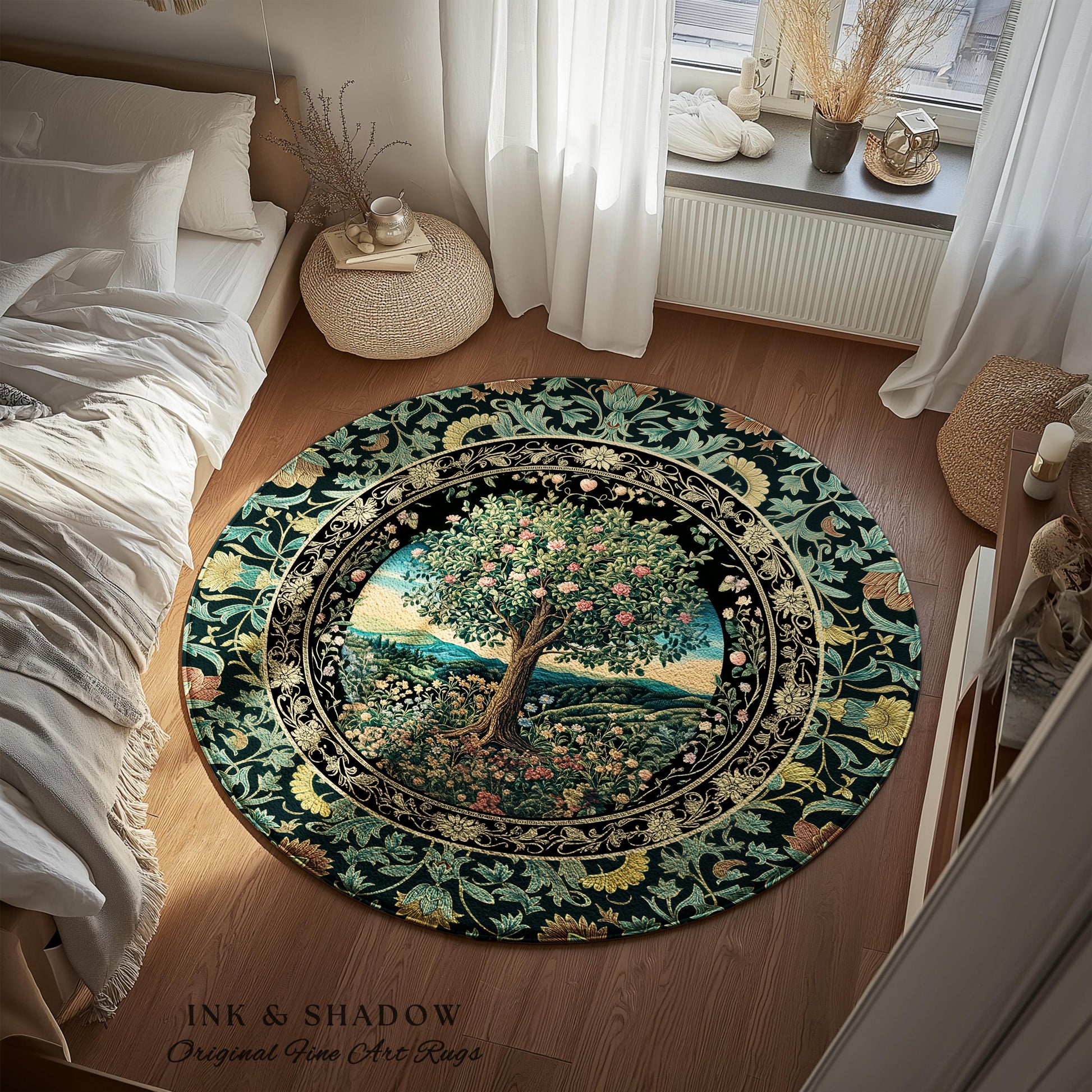 Countryside Sunset Tree of Life Rug | Elegant Floral Landscape Wildflower Decor Nature Inspired Cottagecore Home Accent Rug Storybook Vibe |
