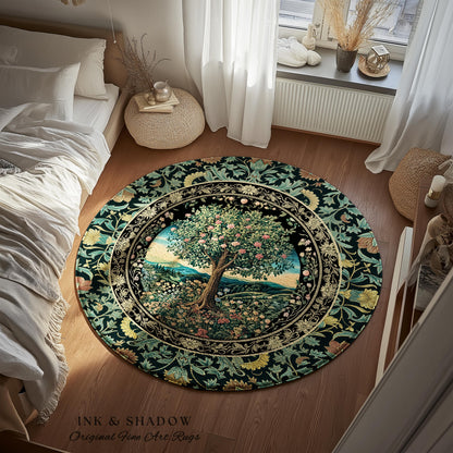 Countryside Sunset Tree of Life Rug | Elegant Floral Landscape Wildflower Decor Nature Inspired Cottagecore Home Accent Rug Storybook Vibe |
