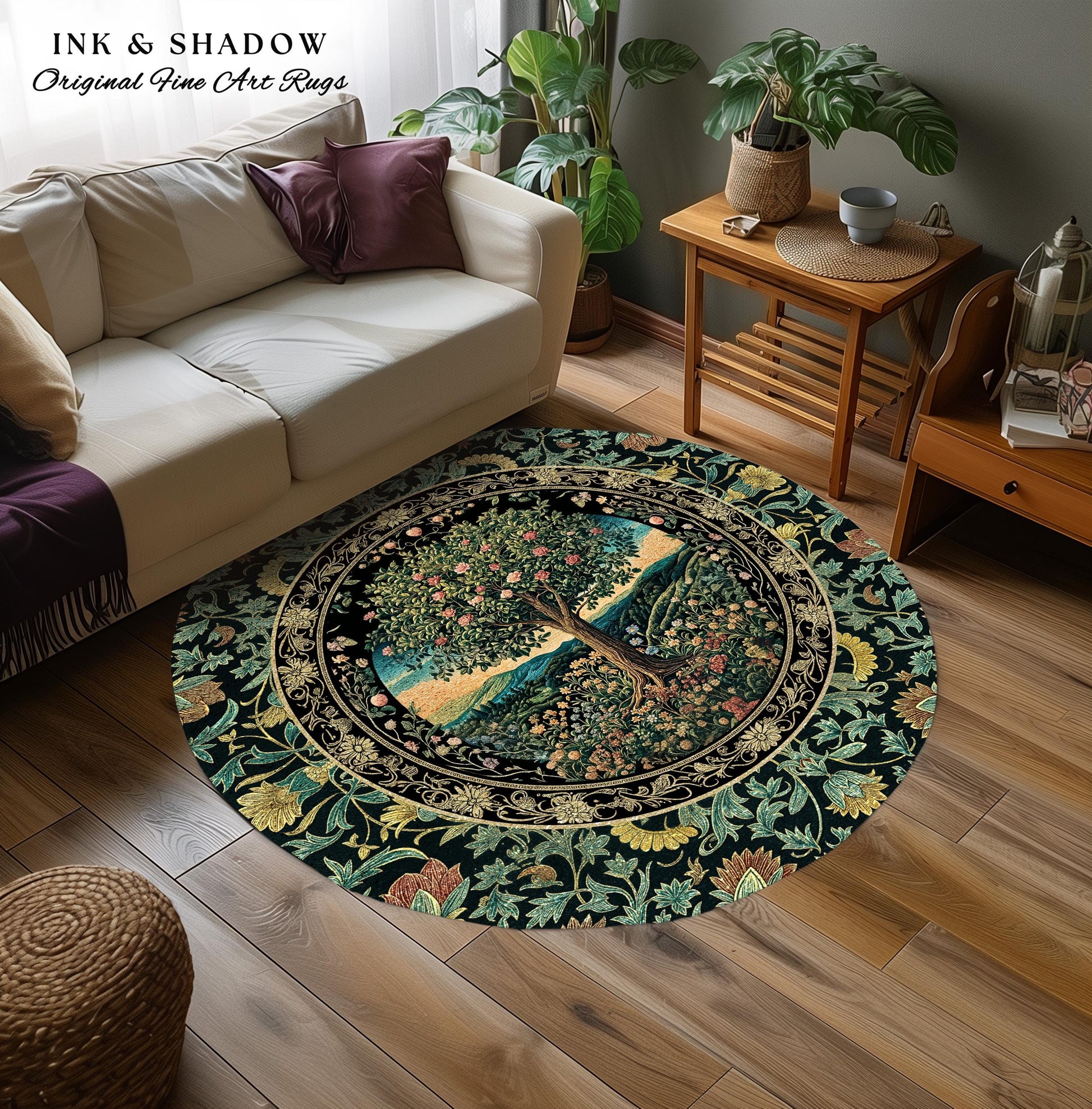 Countryside Sunset Tree of Life Rug | Elegant Floral Landscape Wildflower Decor Nature Inspired Cottagecore Home Accent Rug Storybook Vibe |