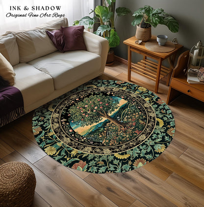 Countryside Sunset Tree of Life Rug | Elegant Floral Landscape Wildflower Decor Nature Inspired Cottagecore Home Accent Rug Storybook Vibe |