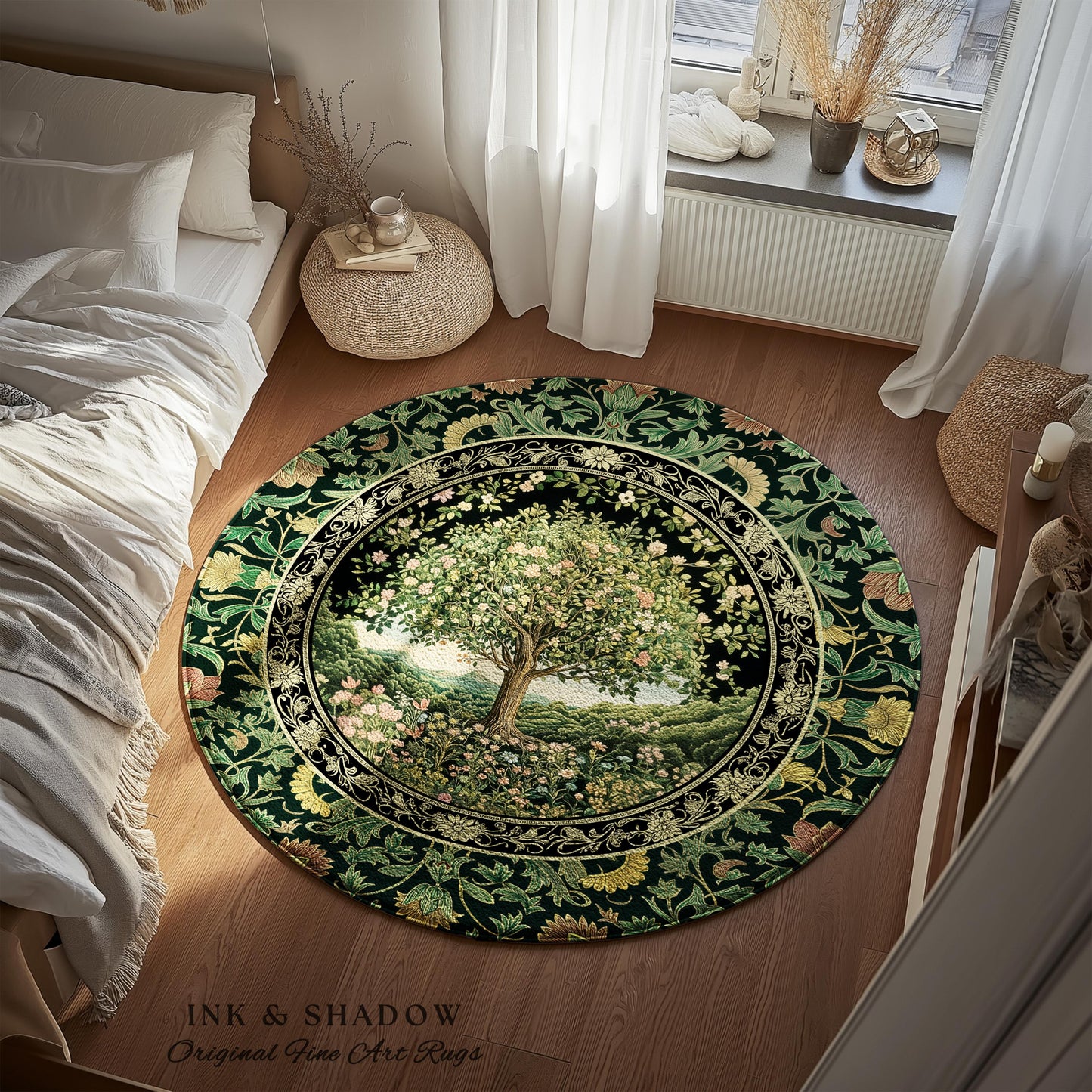 Pastoral Wildflower Garden Tree Area Rug | Floral Mountain Decor Romantic Landscape Home Accent Botanical Nature Rug Romantic Cottagecore |