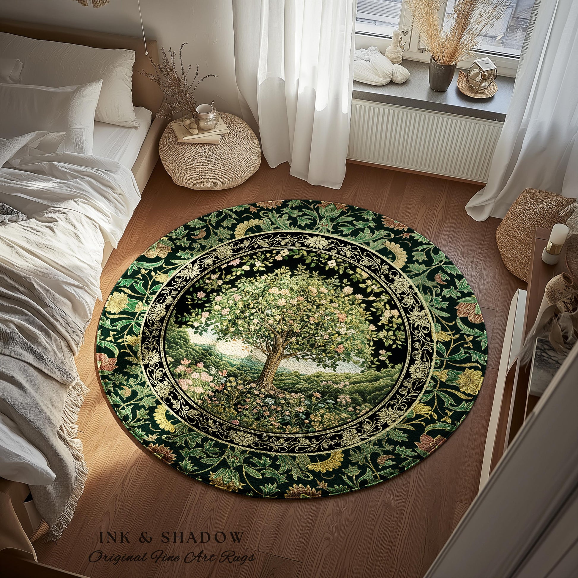 Pastoral Wildflower Garden Tree Area Rug | Floral Mountain Decor Romantic Landscape Home Accent Botanical Nature Rug Romantic Cottagecore |