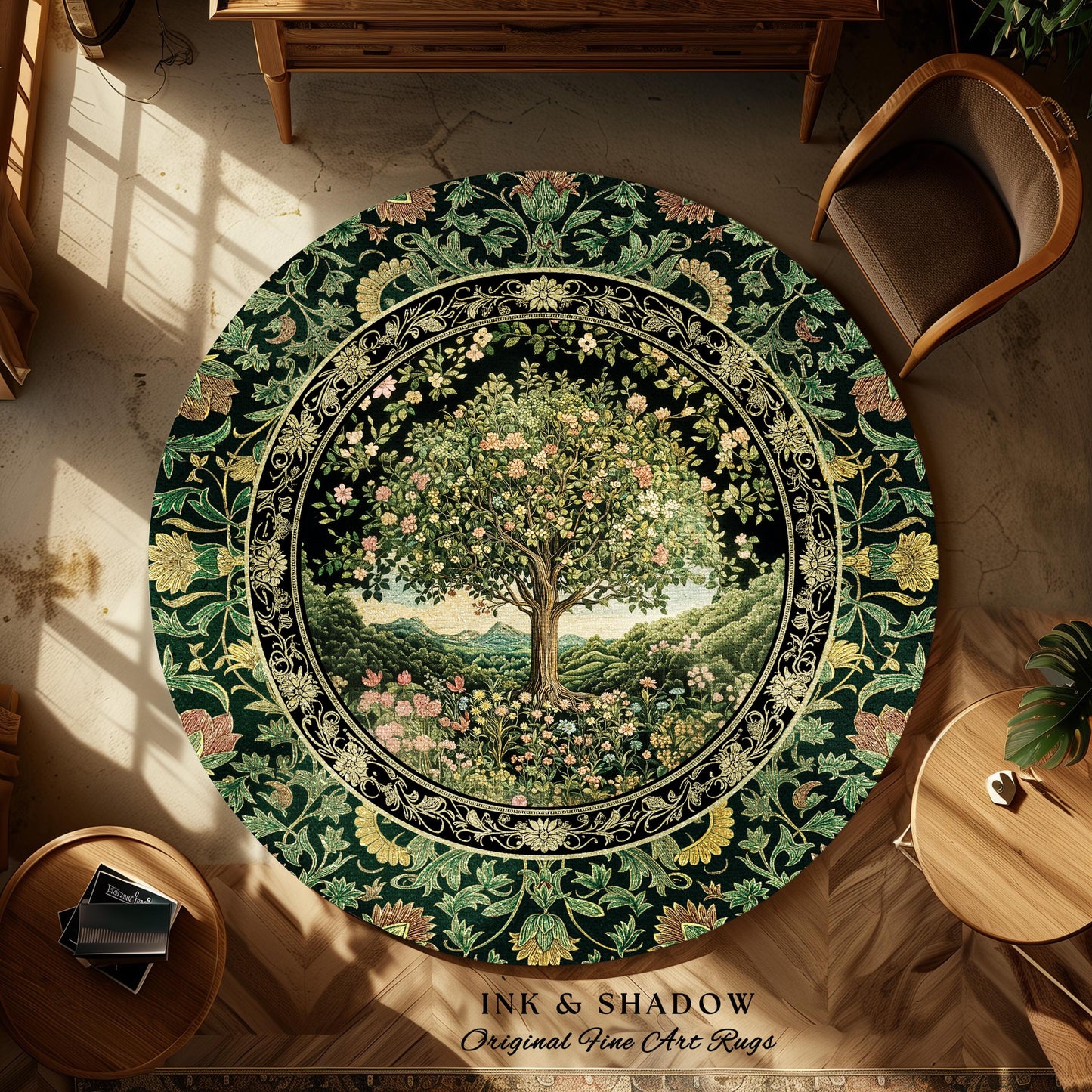 Pastoral Wildflower Garden Tree Area Rug | Floral Mountain Decor Romantic Landscape Home Accent Botanical Nature Rug Romantic Cottagecore |