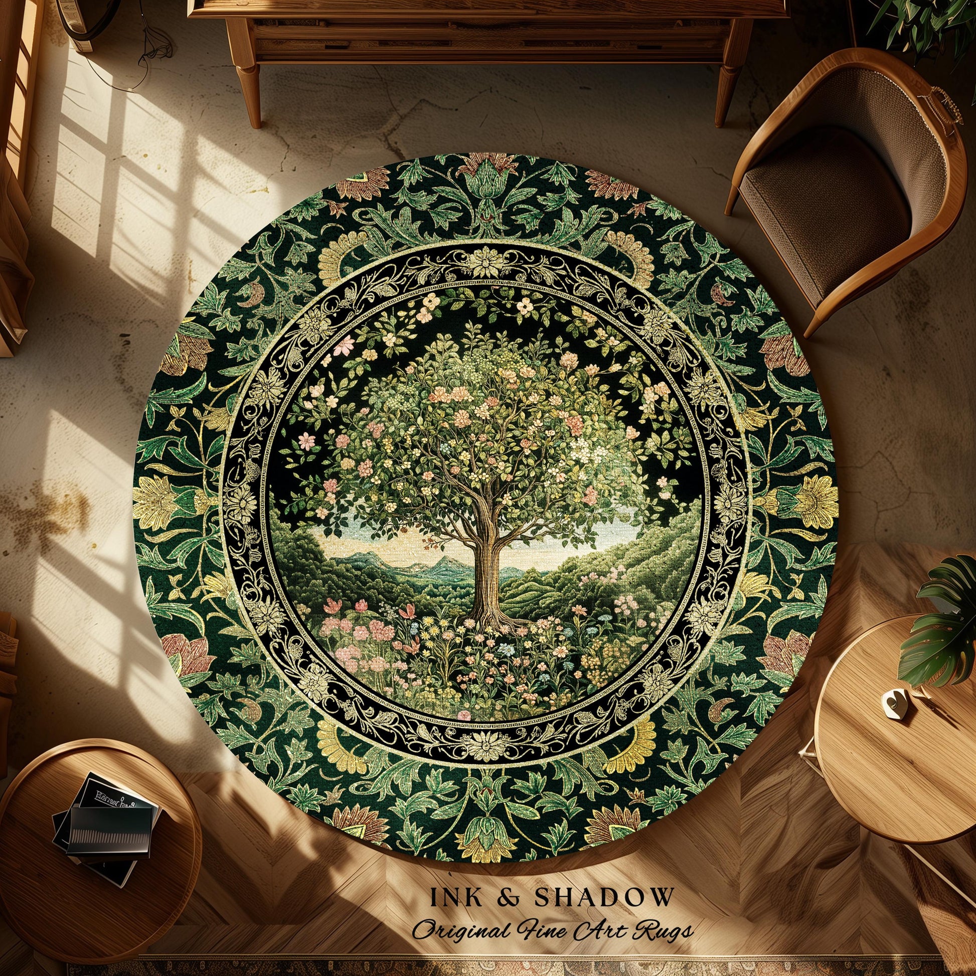 Pastoral Wildflower Garden Tree Area Rug | Floral Mountain Decor Romantic Landscape Home Accent Botanical Nature Rug Romantic Cottagecore |