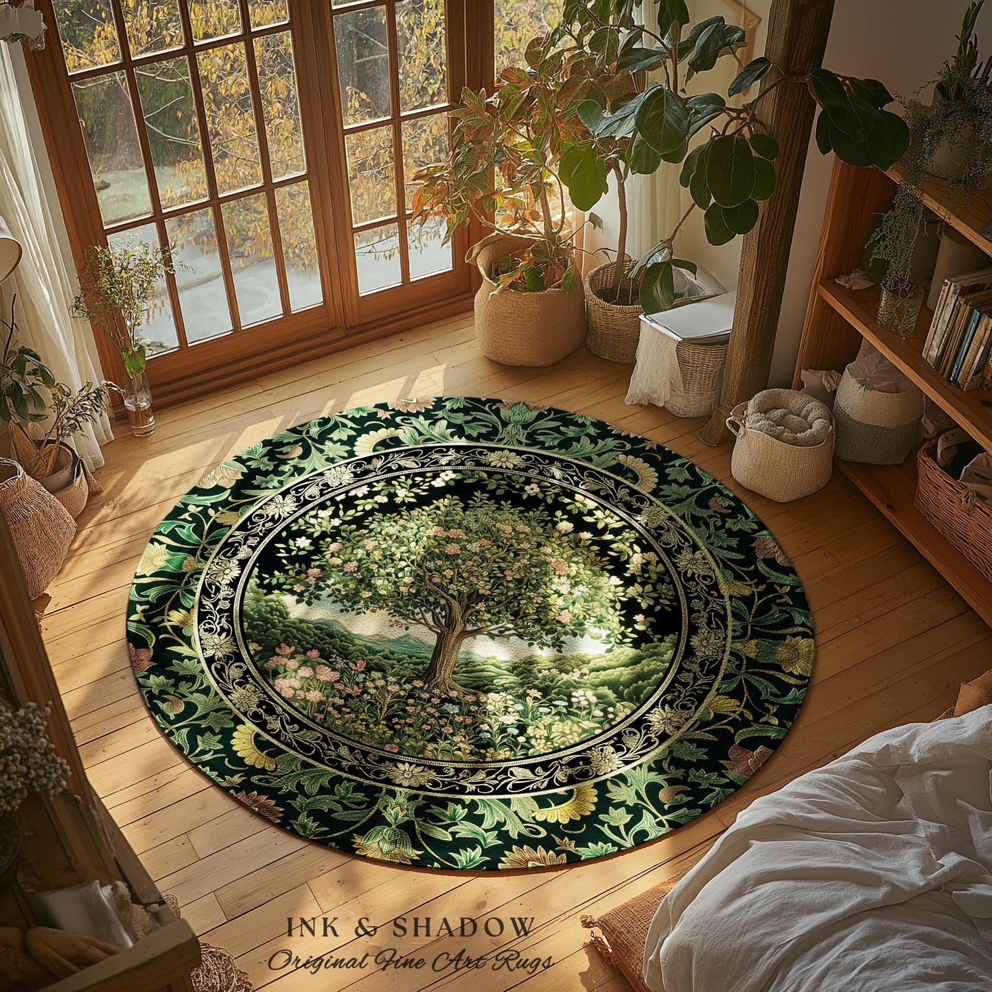 Pastoral Wildflower Garden Tree Area Rug | Floral Mountain Decor Romantic Landscape Home Accent Botanical Nature Rug Romantic Cottagecore |