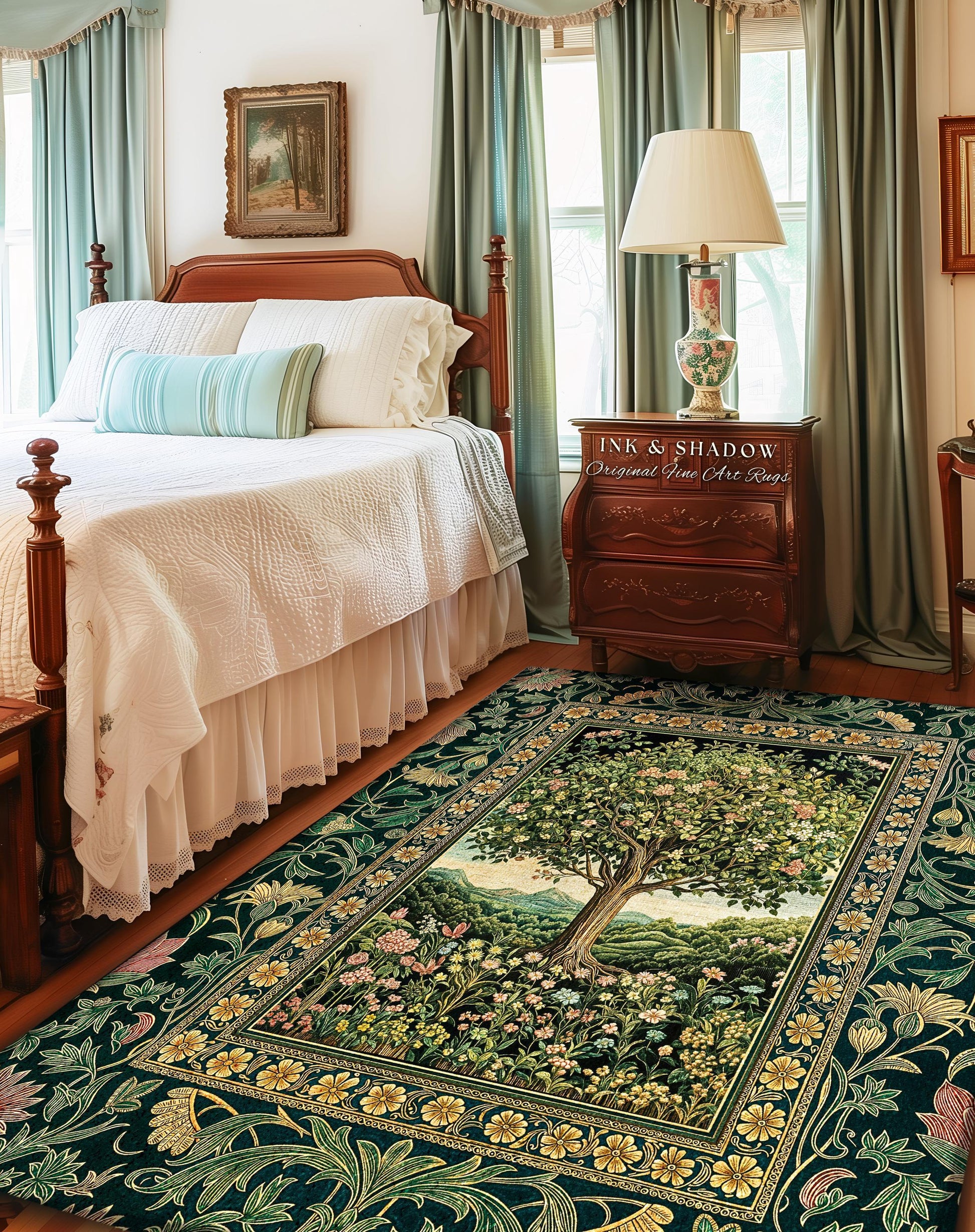 May include: A rectangular area rug with a central tree design, surrounded by a floral border. The rug features a dark green background with a detailed depiction of a tree and flowers. The rug is placed in a bedroom setting.