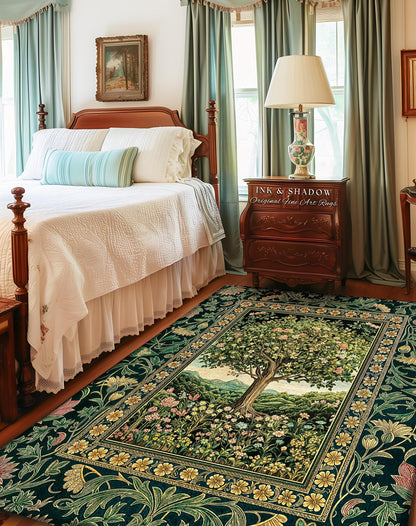 May include: A rectangular area rug with a central tree design, surrounded by a floral border. The rug features a dark green background with a detailed depiction of a tree and flowers. The rug is placed in a bedroom setting.