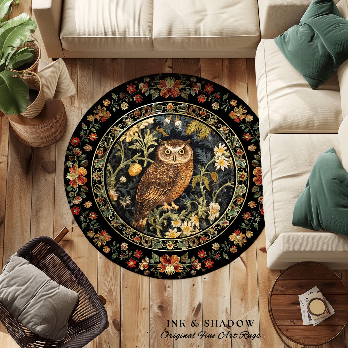 Eclectic Owl Area Rug | Whimsical Room Decor William Morris Inspired Forest Aesthetic Fairycore Boheme Bedroom Rug Floral Owl Decoration