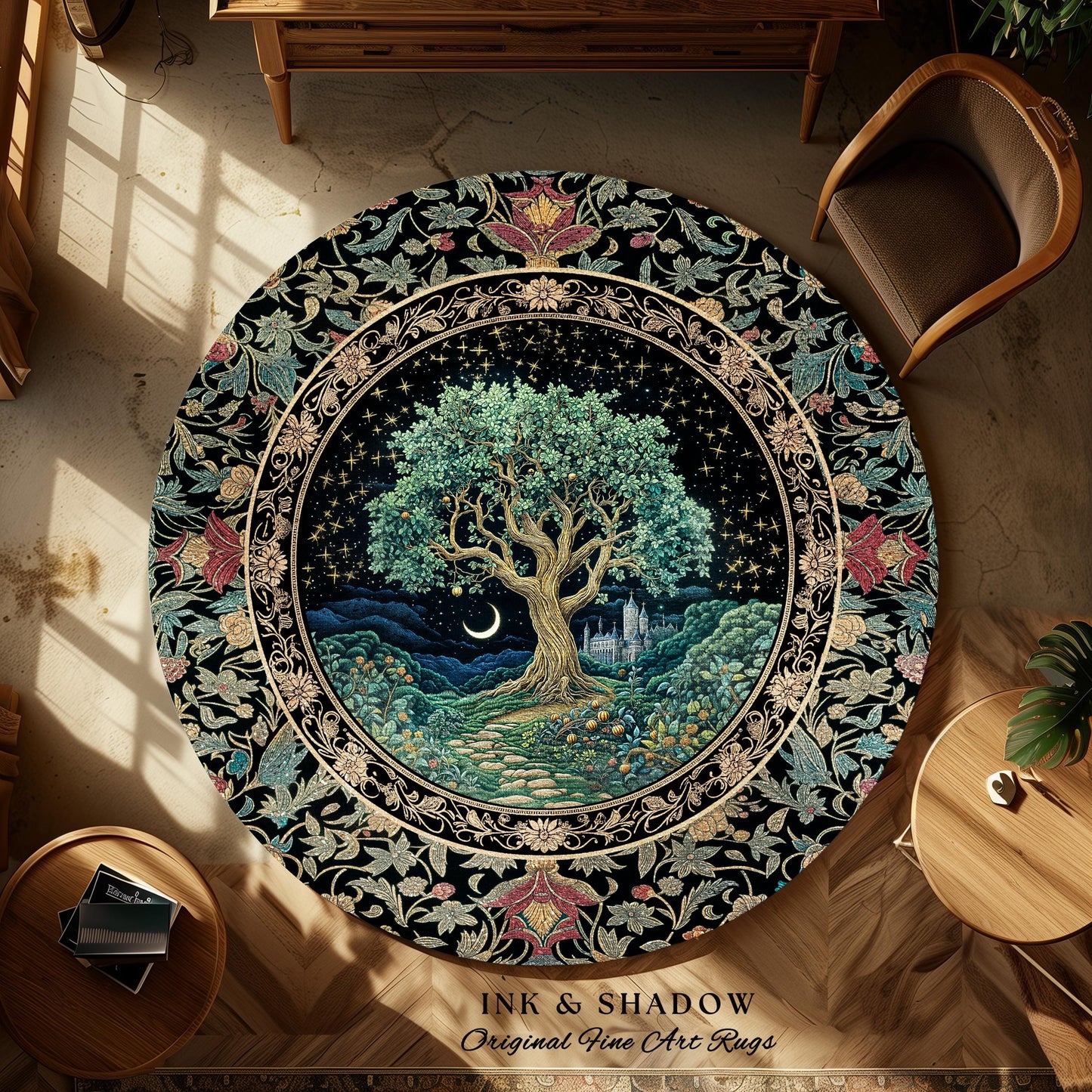 Fantasy Castle Tree of Life Area Rug | Celestial Moon Decor Star Garden Design Folklore Inspired Rug Enchanted Forest Medieval Home Style