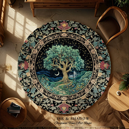 Fantasy Castle Tree of Life Area Rug | Celestial Moon Decor Star Garden Design Folklore Inspired Rug Enchanted Forest Medieval Home Style