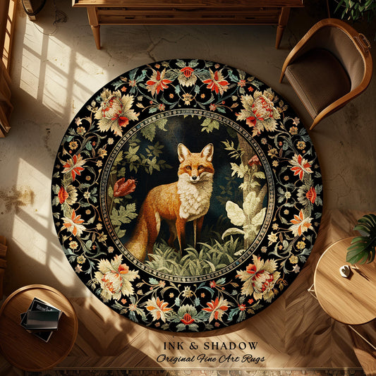 May include: A round area rug with a detailed floral border in red, orange, and cream against a black background. The center features a fox standing in a forest scene. The rug has the text "INK & SHADOW Original Fine Art Rugs" at the bottom.