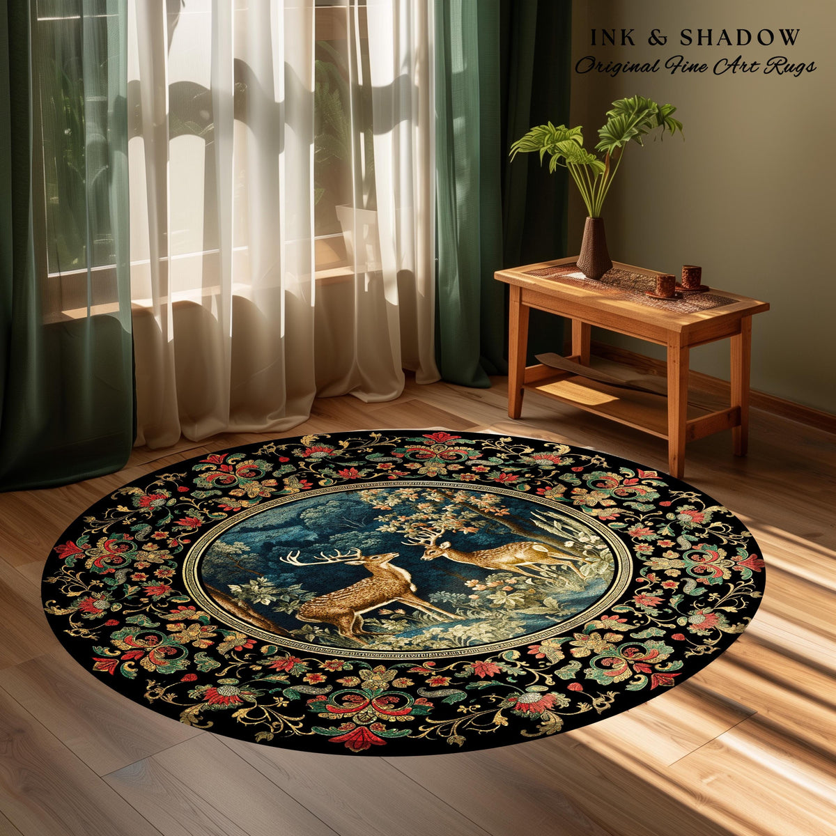 Enchanted Forest Deer Rug Round Vintage Aesthetic Dark Floral Woodland Gothic | Mystical Forestcore Folklore Fairy Grunge Nature Area Rug