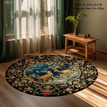 Enchanted Forest Deer Rug Round Vintage Aesthetic Dark Floral Woodland Gothic | Mystical Forestcore Folklore Fairy Grunge Nature Area Rug