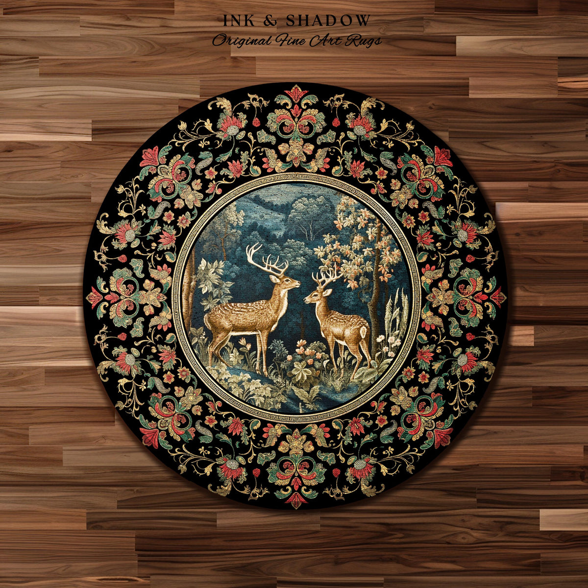 Enchanted Forest Deer Rug Round Vintage Aesthetic Dark Floral Woodland Gothic | Mystical Forestcore Folklore Fairy Grunge Nature Area Rug