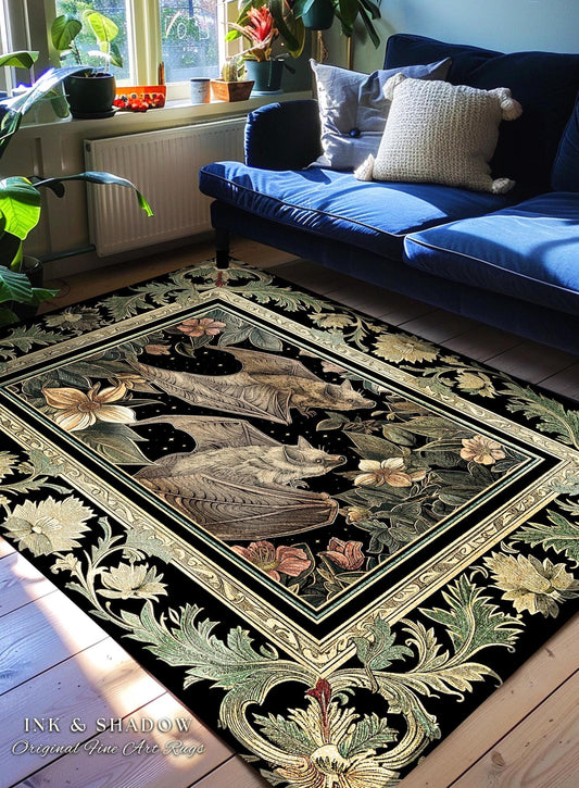 Cottagegoth Goblincore Bat Lovers Rug Gothic Cottagecore Decor | Dark Woodland Bat Art Ethereal Botanical Rug Boho Grunge Fairycore Decor