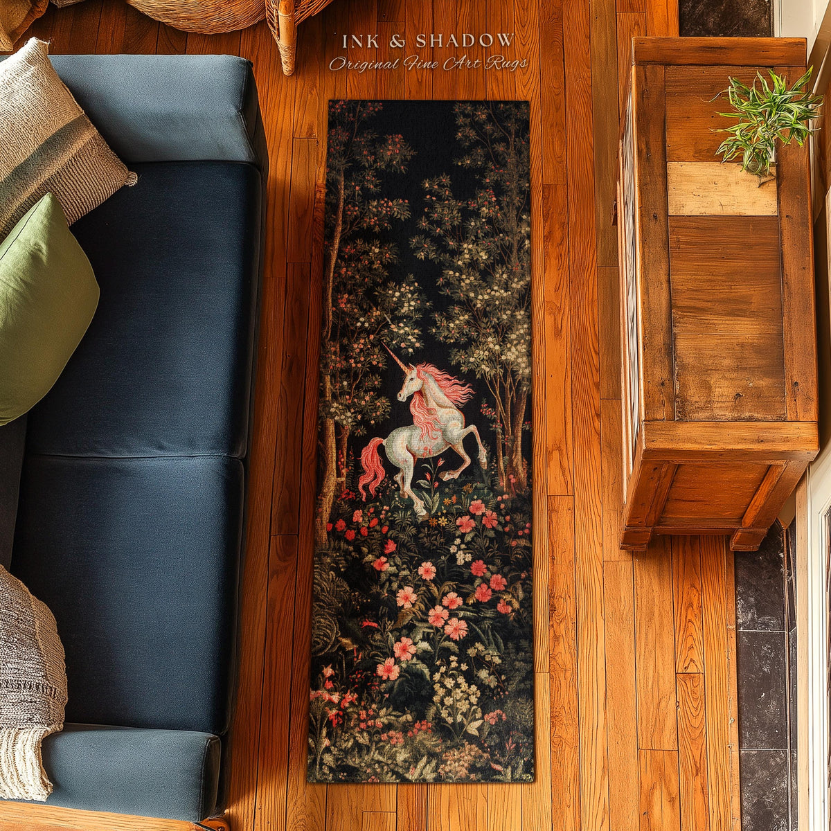 Whimsical Floral Unicorn Runner Rug Woodland Magical Folklore Aesthetic | Mythical Creatures Enchanted Forest Boho Dark Cottagecore Decor