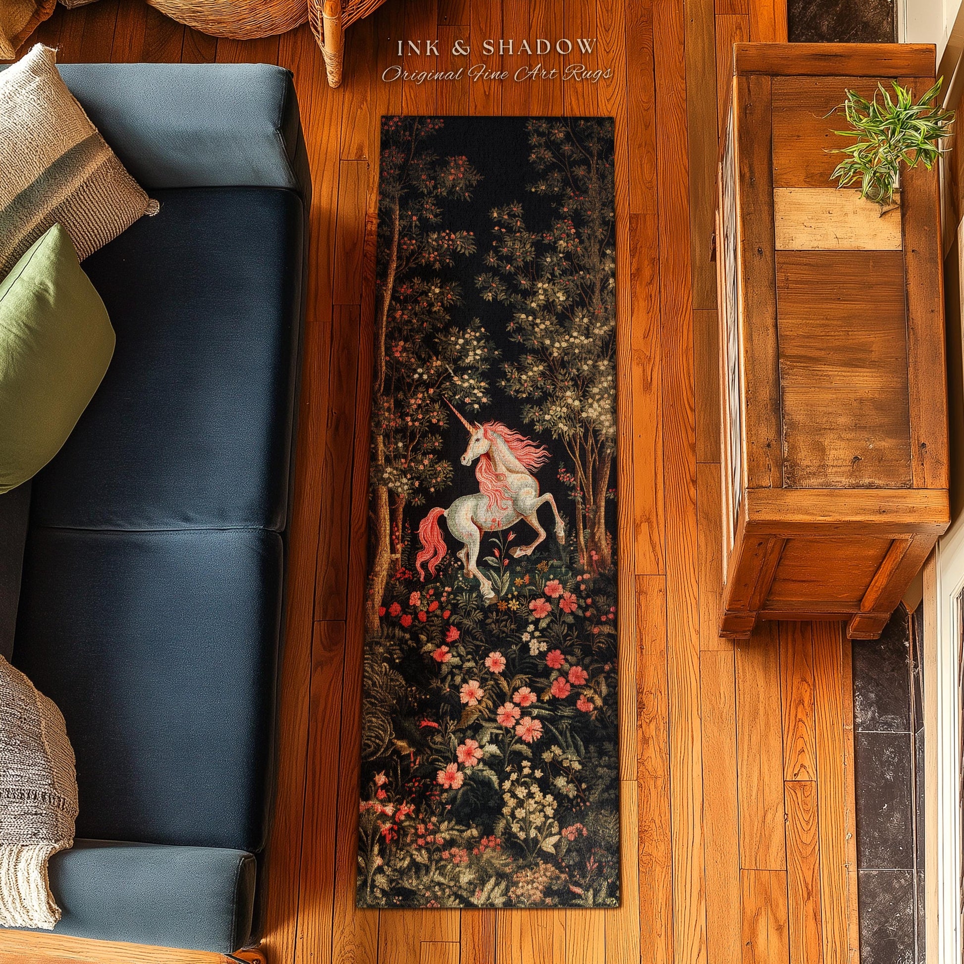 Whimsical Floral Unicorn Runner Rug Woodland Magical Folklore Aesthetic | Mythical Creatures Enchanted Forest Boho Dark Cottagecore Decor