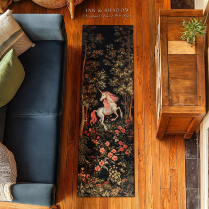 Whimsical Floral Unicorn Runner Rug Woodland Magical Folklore Aesthetic | Mythical Creatures Enchanted Forest Boho Dark Cottagecore Decor