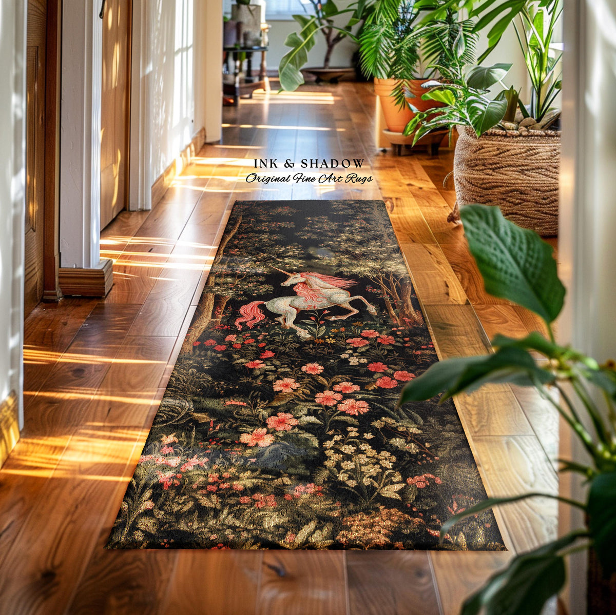 Whimsical Floral Unicorn Runner Rug Woodland Magical Folklore Aesthetic | Mythical Creatures Enchanted Forest Boho Dark Cottagecore Decor