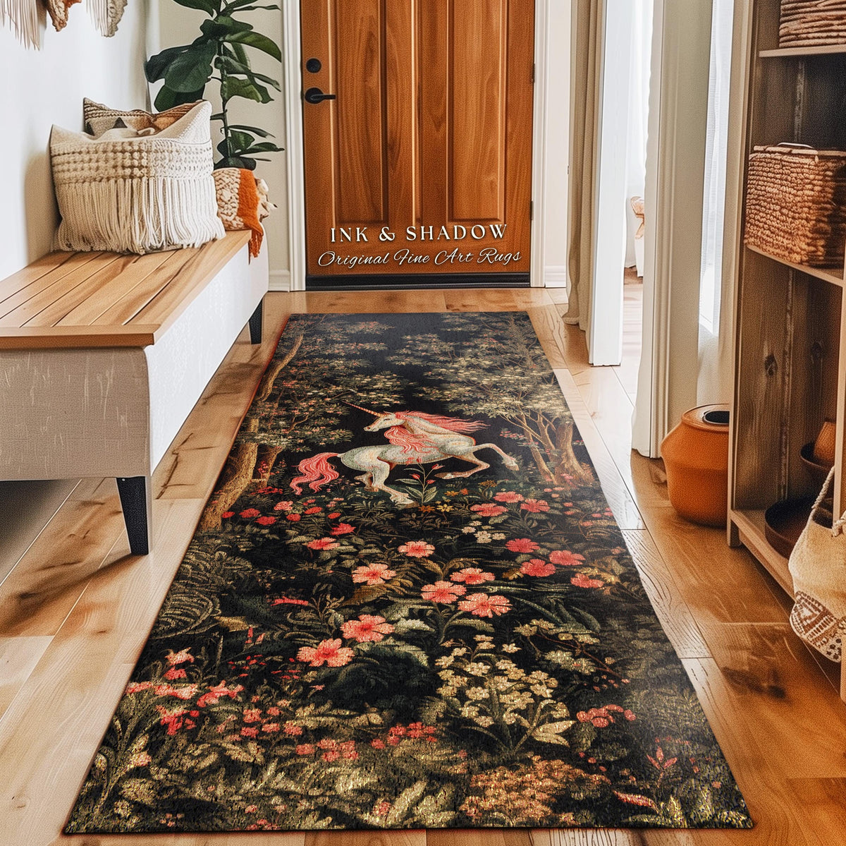 Whimsical Floral Unicorn Runner Rug Woodland Magical Folklore Aesthetic | Mythical Creatures Enchanted Forest Boho Dark Cottagecore Decor