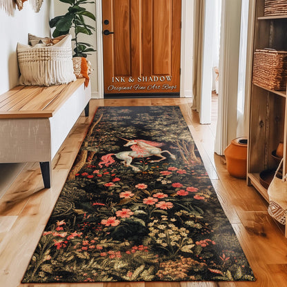 Whimsical Floral Unicorn Runner Rug Woodland Magical Folklore Aesthetic | Mythical Creatures Enchanted Forest Boho Dark Cottagecore Decor